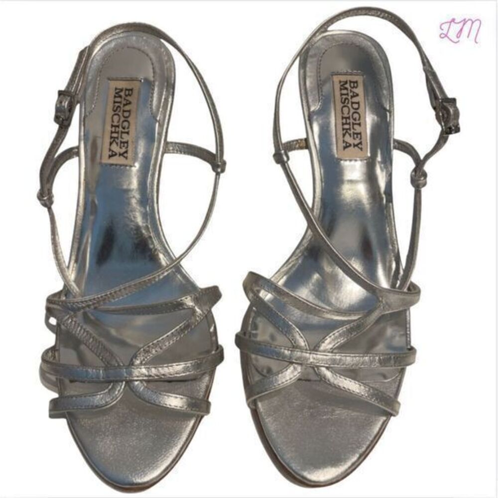 Badgley Mischka Ava II Size 6.5 Leather Silver Metallic Strappy Heels